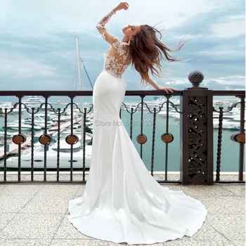 Dlouhý Rukáv Mořská Panna Svatební Šaty Sheer Scoop Výstřih Nášivka Satin Nevěsta Šaty Tlačítka Zpět Boho Svatební Šaty Nevěsty 2020