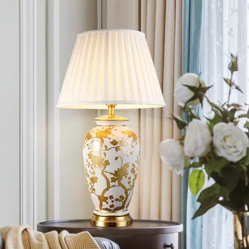 Měď stolní lampy Americký styl pro obývací pokoj Jingdezhen keramické luxusní lampa Ložnice noční lampičky zdobené led lampy