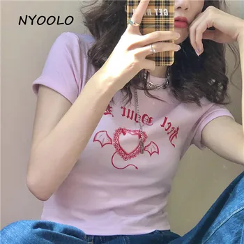 NYOOLO Harajuku styl, srdce, křídla Gotické dopisy tisk Slim krátký rukáv růžová tričko ženy 2020 létě O-neck tee shirt tops
