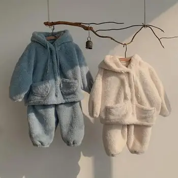 Dětské Oblečení Set Dětské Zimní Chlapci A Dívky Fleece Zesílená Teplý Kabát s Kapucí + Kalhoty 2 Ks Oblek dětské Oblečení Set