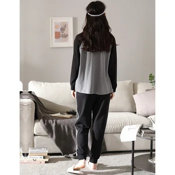 Pyžamo ženy podzim plný čisté bavlny s dlouhým rukávem, černé a šedé sestřih casual home service suit dámské pyžamo velké yardů M-XXL
