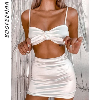 BOOFEENAA dvoudílný Set Crop Top Sukně Satén Odpovídající Sady v Létě 2021 Ženy, Sexy Oblečení na Narozeninovou Párty Klubu Šaty C76-CZ19