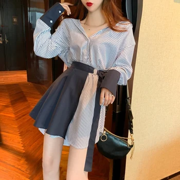 2020 jarní letní módní ženy korejské verzi retro krajkové šaty + šití stripe tričko 2-dílná sad