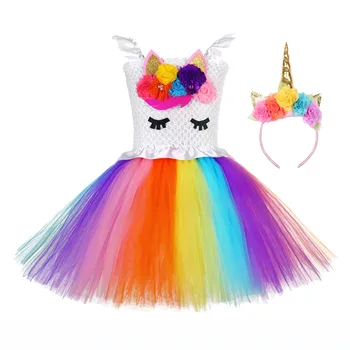 Děti Jednorožec Šaty Narozeninovou Oslavu Květiny Pony Šaty pro Dívky, Světlé Duha Vánoční Oblečení s Unicorn Čelenka Andělská Křídla