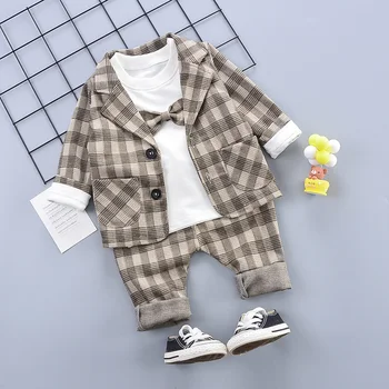 2021 Nové Děti Oblek Three Piece Suit Baby Boys Oblečení Kostkované Hezký Set Podzim Zima Děti Nosit Elegantní Sady 1-4 Rok