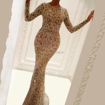 2020 Šampaňské Elegantní Scoop Mermaid Večerní Šaty Tyl Plné Rukávy Kovové Postřik Lady Šaty, Full-délka Plesové Šaty Zip