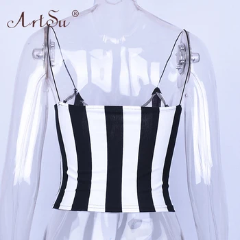 ArtSu Výšivky Dopis Black Bílé Pruhované Crop Top Cami U Krku Sexy Ženy Letní Košilka Tank Top Streetwear Módy