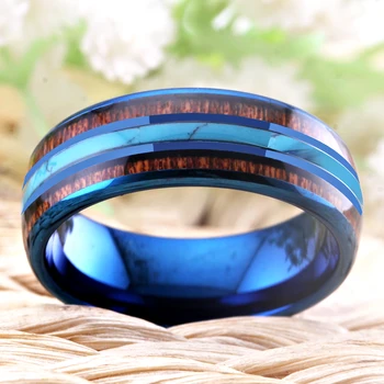 Klasické Pánské Snubní Prsteny 8mm Modrá Karbidu Wolframu Prsten Koa Dřevo S Tyrkysovou vložkou Kroužky módní šperky Prsteny pro Ženy
