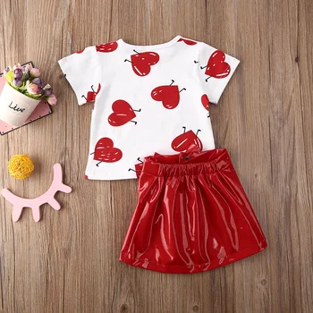 Valentýnské Dny Děti Baby Girls Oblečení Set Láska Tištěné T-shirt Topy a Kožené Zip Sukně Letní Oblečení 0-5 Let