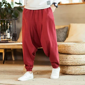 Bavlněné a Lněné Černé Harém Kalhoty pro Muže Ležérní Velké Velikosti Jogger Kalhoty Mužské 2020 Letní Baggy Hip Hop Kalhoty Červené Dlouhé Kalhoty