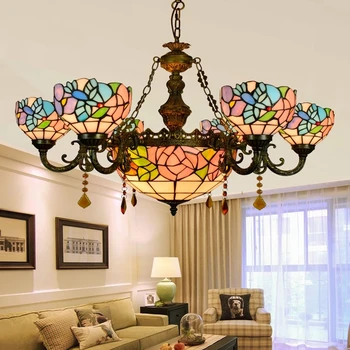 Tiffany Barokní Maso Květinové Barevného Skla Zavěšené Svítidlo E27 110-240v Řetězce Přívěsek Světla Pro Domácí Salon Jídelna