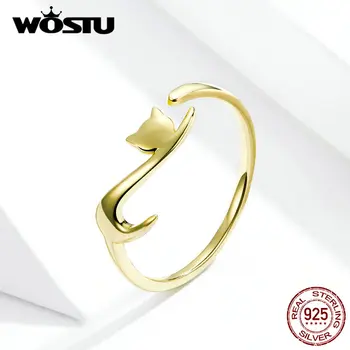 WOSTU Real 925 Sterling Silver Lepkavé Kočka Zlaté Barvy Prsteny Pro Ženy, Svatební Nastavitelné Kroužky Prst Jemné Šperky Dárek FIR220-B
