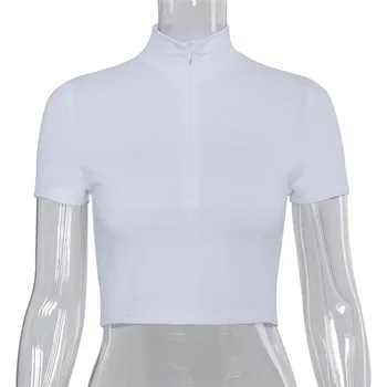 2020 Módní Ženy Krátký Rukáv Oříznout Horní T košile Límec na Zip Sexy Ležérní Bílé Krátké Tričko Letní Topy Tee