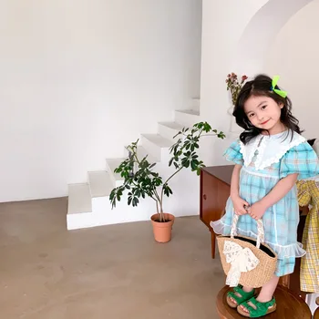 Léto Nové Příjezdu korejský styl krátké bublina rukáv velký krajkový límec kostkované princezna šaty s zástěru pro roztomilé sladké dítě dívky