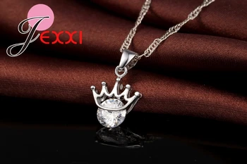 925 Sterling Silver Zářící Crystal Crown Náhrdelník Náušnice pro Ženy Nevěsta Svatební Šperky Sady