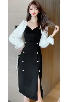 COIGARSAM francouzský Styl Plný Rukáv Ženy jednoho kusu šaty korean Nové Jarní Vintage Vysokým Pasem Šaty Černé 1369