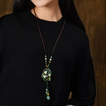 Vintage Shell Květinové Náhrdelníky Žena, Zelená Suspenze dlouhý Náhrdelník Přívěsek Lano Řetěz Etnické Kámen Náhrdelník Módní Jewelry2018