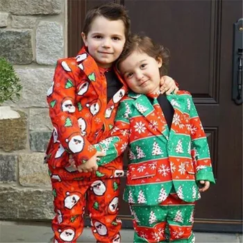 2019 Vánoční Šaty Děti Chlapci Vánoční Formální Oblek Sako+Kalhoty+Kravata Gentleman Set 3ks Tištěné Vánoční Obleček 3-8T