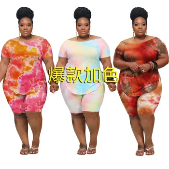 Dva Kus Plus Velikost Tie Dye Top a Šortky Set pro Ženy Letní 2020 Ovesized Oblečení 3xl 4xl 5xl Plus Oblečení Odpovídající soubor