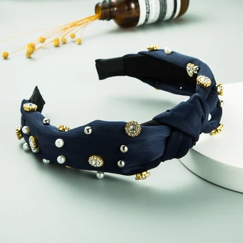 Korejský Elegantní Velký Bowknot Simulované Pearl Čelenka Vintage Jiskřivý Drahokamu Čalouněný Jednobarevné Tkaniny Čelenka Dívka Vlasy Hoop