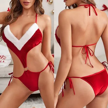 Červené Sametové Dámské spodní Prádlo Sexy Vánoční Peří V-neck Obvaz Porno Obleky spodní Prádlo Feminina Sexy Exotické Sex Medvídci