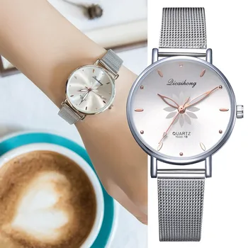 Dámské Náramkové hodinky Luxusní Stříbrný Populární Růžový Ciferník Květiny Kovový Dámy Náramek Quartz Hodiny Módní Náramkové Hodinky 2019 Top Fi