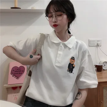 Bavlna Medvěd Večerními Límec Košile Polo Pánské Krátké Rukávy T-shirt Ženy Letní korejská Verze Volné Studenty