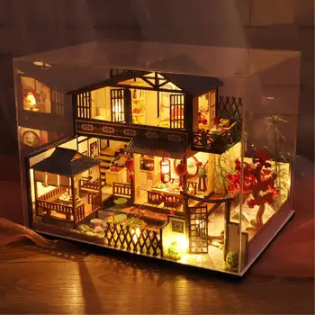 Čínský Styl DIY Doll House Miniaturní Nábytek Dřevěný Domeček pro panenky hvězdičkového Hotelu Loft Dar, Dům, Hračky pro Děti