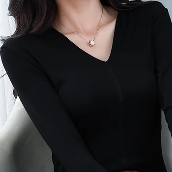 Nové Módní 2020 Letní Topy V-Neck Tričko Ženy Dlouhý Rukáv Modální Bavlna T-Shirt Žena Korean Dámské Tričko Tee Shirt Femme
