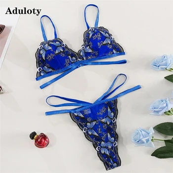 Aduloty Hot prodej nové dámské butterfly výšivky drát zdarma podprsenka a kalhotky set sexy krajkové spodní prádlo tanga eroticl spodní prádlo