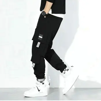 2021 Streetwear Běžce Hip Hop Kalhoty Mužů Velké Kapsy Černé Harém Kalhoty Muži Oblečení Módy Pase Korejský Styl Kalhoty