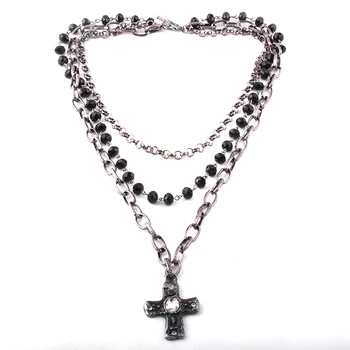 Módní Bohemian Tribal Šperky 3 Vrstvy Více Černé Sklo Crystal Růženec Link & Řetězce, Kříž Přívěsek Náhrdelníky