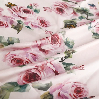 145cm Šířka Romantické Růže Pojistku s Růžové Růže Tisk Tenké Transparentní Šifon Tkaniny pro Ženy, Dívka, Dlouhé Letní Šaty DIY Šití