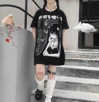 Fitshinling Harajuku Gotické T Shirt Ženy 2019 Tisknout Tmavé Dlouhé Topy Ženy Černá Grunge Volné Punk T-Shirt Femme Módní Prodej