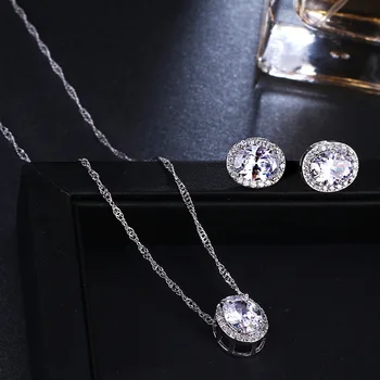 Luxury Female Crystal Necklace Stud Earrings Jewelry Set Vintage Small Oval Zircon Stone Wedding Jewelry Set