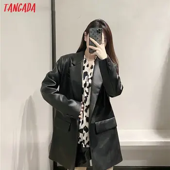 Tangada ženy black faux kožené sako ženy dlouhý rukáv elegantní bunda dámské ležérní sako vyhovuje 6A41