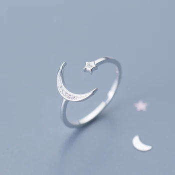 Roztomilé Měsíc a Hvězdy Nastavitelný 925 Sterling Silver Prstenů se Zirkony Bling Kámen pro Ženy Módní Svatební Zásnubní Šperky