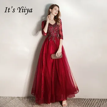 Formální Oblečení je Yiiya K288 Vínové Půl Rukáv A-Line Večerní Šaty Dlouhé Plus Velikosti Flitry Nášivky Abendkleider