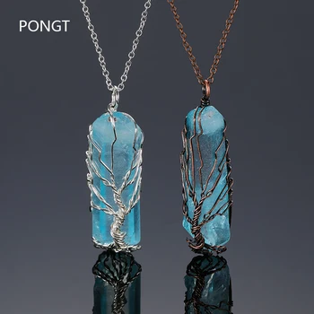 Přírodní kameny, strom života, přívěsek crystal drát zabalené modré quartz bod crystal reiki fialový kámen náhrdelník s přívěskem šperky
