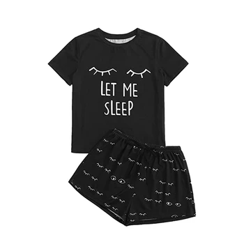 Dopis Tištěné Nech Mě Spát Tisknout 2 Ks Noční Prádlo Set Pro Ženy, Roztomilé Bavlna, Kolem Krku Krátký Rukáv T-Shirt+Pyjama Kalhoty