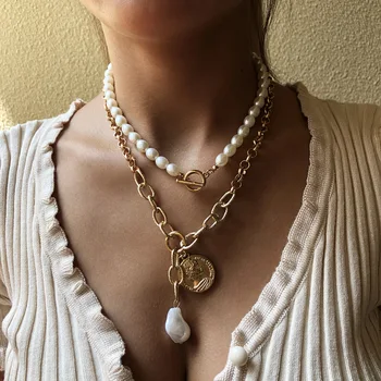 KMVEXO 2020 Nový Ročník Barokní Perlový Přívěsek Náhrdelníky Vyřezávané Mince Pearl Klíční kost Řetěz Náhrdelník Pro Ženy Přepnout Punk Šperky