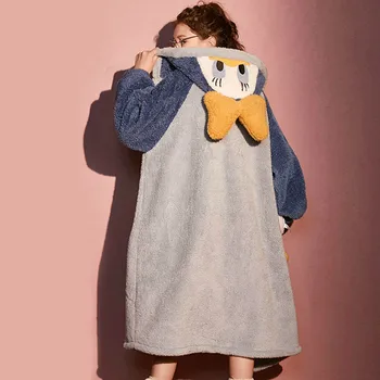 Dámské Pyžamo s Kapucí Košili Plyš Coral Fleece oblečení na Spaní Ženy, Podzimní a Zimní Oblečení Karikatura Kachny Zahustit Pijama