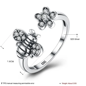 SILVERHOO Real 925 Sterling Silver Roztomilé Bee Květina Otevřít Nastavitelný Vintage Prsteny Pro Ženy Luxusní Krychlových Zirkonem Jemné Šperky