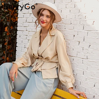 BerryGo Lucerna rukáv krátké bundy kabáty žen si Připsal v krku podzim tenká bunda ženy Střední pasu kapsy kabátu 2020