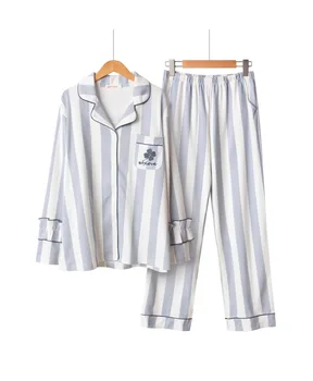 Na jaře Nové Bavlněné oblečení na Spaní Dlouhý Rukáv Pyžama pro Ženy Volné Vertikální Pruh Výšivky Jetel Tisku Pyžamo Růžové Pijama