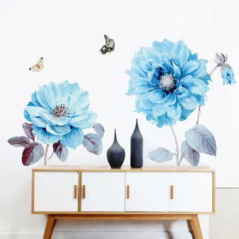Modré Květy Motýl Samolepky na Zeď Home Dekor Zeď Umění Obtisky Nástěnné Umění pro Obývací Pokoj Ložnice Dekorace
