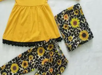 Leopard-print slunečnice dívka je podzim oblečení dětské oblečení vysoce kvalitní módní butik 3 dílná sada plus šála