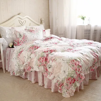 Zahradní princezna ložní prádlo set elegantní květinové tisk povlečení prohrábnout peřinu kvalitní postel sukni krajky dekorativní lůžkoviny prostěradlo