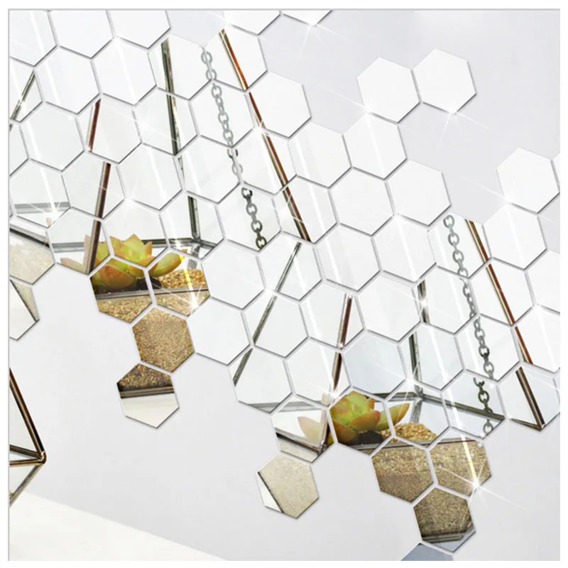 12ks 3D Zrcadlo Samolepky Obývací Pokoj Ložnice Koupelna Dekor DIY Hexagon Akrylové Zrcadlo Samolepky na Zeď Espejos Decorativos De Porovnání 0
