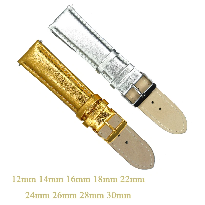12mm 14mm 16mm 18mm 20mm 22mm 24mm 26mm 28mm 30mm Pravé Kůže Watchband Hodinky Popruh Módní Zlaté Stříbrné Hodinky Bnad Pás Hodinu 0
